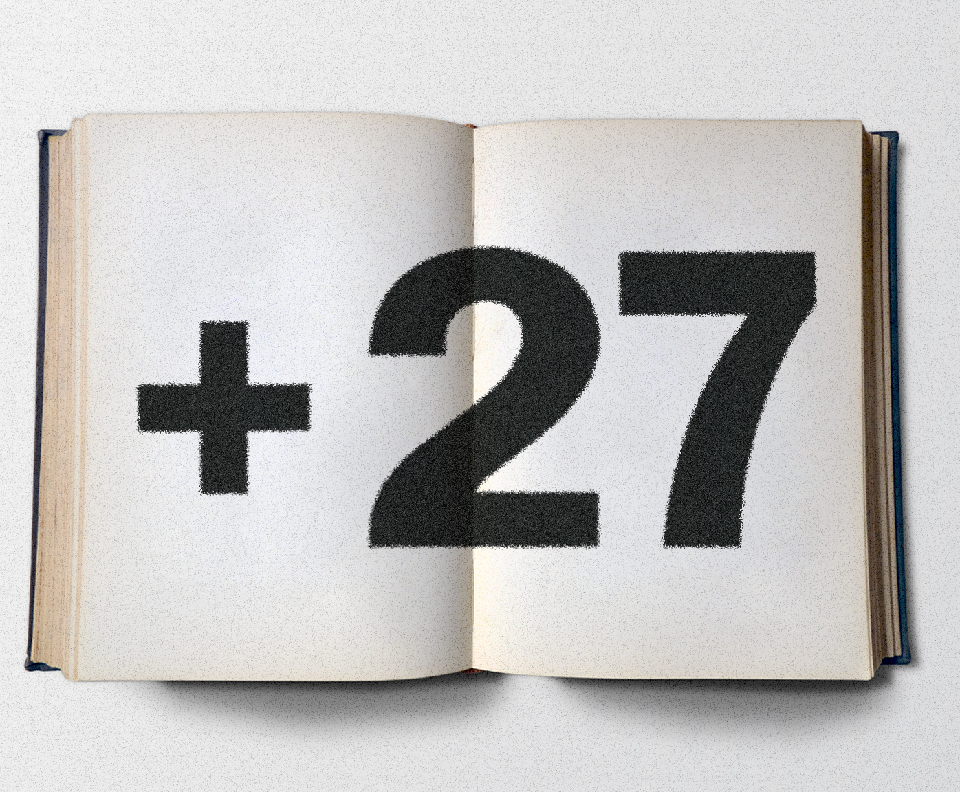 Open book with black text '+27' on a white background